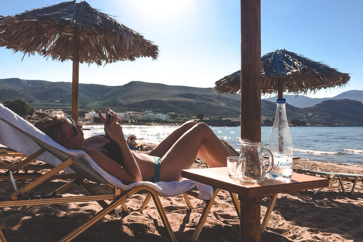 Alicia relaxing on the beach in Kissamos Crete Greece